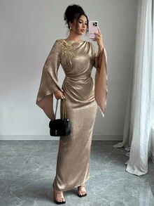 Elenzga Elegant French Style Gold Waist Ruched Asymmetric Flare Sleeve Bodycon Midi Dress - Gold - View 3