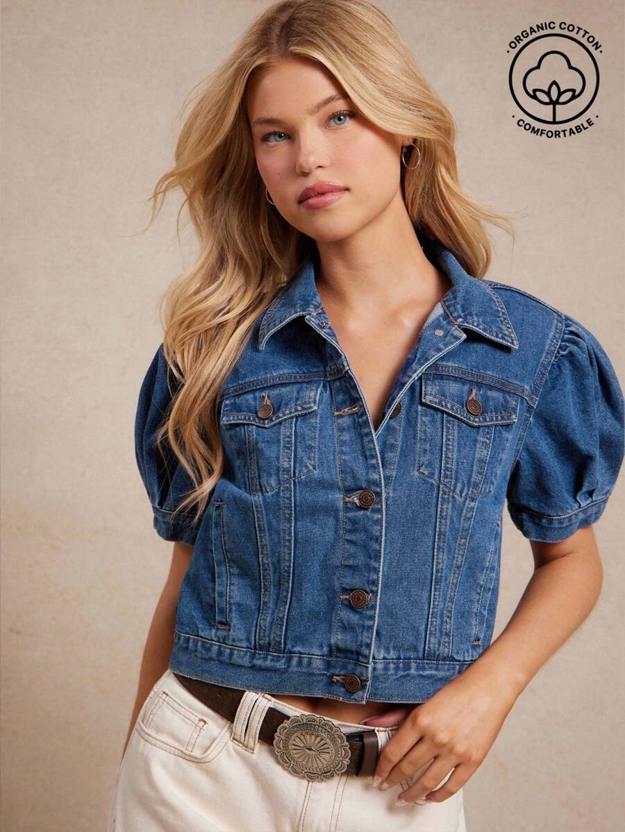 WESTFADE Collared Button Front Short Puff Sleeve Cotton Blend Denim Trucker Jacket Boho Vacation - Dark Wash - View 1