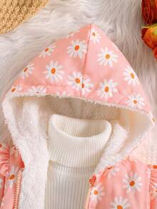 1件女婴秋冬新款印花面料连帽长袖拉链外套，荷叶边装饰，保暖内衬，可爱时尚的冬季外套 - 粉色 - 查看 5