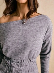 Poéselle 女士T恤，褶裥腰T恤，不对称领T恤，灰色T恤，舒适基础款打底衫，休闲女士纯色不对称领收腰T恤，春秋季女装，冬季女装 - 灰色 - 查看 4