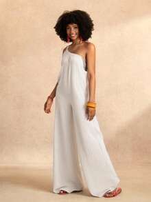 Slaydiva 夏季新款女士休闲百搭宽松绿色纹理面料无袖连体裤，适合日常穿着、度假、巡游、海滩、日光浴 - 白色 - 查看 6