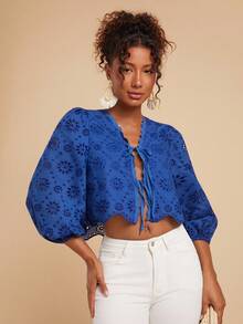 Travachic Blusa azul de mujer con mangas farol, cuello con lazo y bordado, blusa azul real con ojales, top corto azul con lazo delantero, blusa azul con lazo delantero, otoño e invierno para mujer, estilo casual, otoño para mujer, elegante, salida, elegante, estilo campestre para mujer, Día Nacional, Año Nuevo, elegante y lujosa para graduación