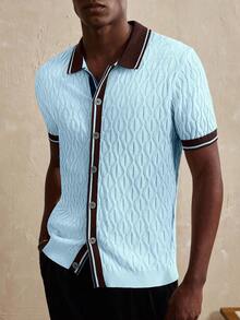 Manfinity Homme 男士条纹短袖单排扣休闲针织上衣 - 淺藍色 - 查看 4