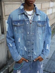 PAVTROS Chaqueta vaquera casual desgastada y desteñida para hombres - Azul - Ver 1