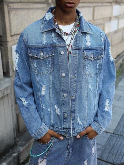 PAVTROS Chaqueta vaquera casual desgastada y desteñida para hombres