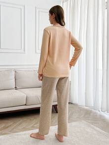 RueChic 100% Cotton 2pcs  Slogan Printed Lounge Set - Baby Pink - View 2