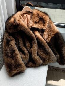 Muchica Plus Size Casual Turndown Collar Open Front Faux Fur Coat Winter Fall Autumn - Brown - View 6