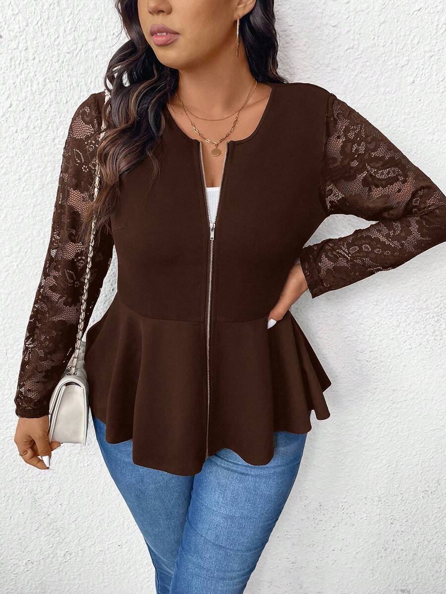 SHEIN Frenchy Chaqueta de uso diario con encaje y cremallera para talla grande, chaqueta elegante de manga larga para otoño, chaqueta negra versátil, ropa de calle para mujeres para salir, ropa de mujer para otoño