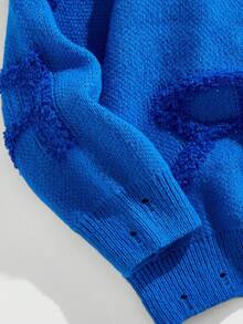 ROMWE MEN Street Life Men's Casual Letter Embroidered Crew Neck Long Sleeve Loose Knit Sweater, Autumn - Blue - View 4