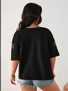 SHEIN Cottnline Cămașă supradimensionată cu detalii pe umeri cu strasuri pentru femei - Negru - Vizualizare 2