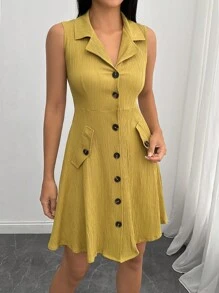 EURMUSE 女式小号纽扣前无袖迷你衬衫裙 - 芥末黃 - 查看 5