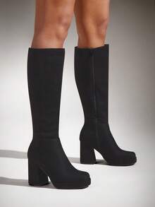 SHUZIA 女士迷人舒适仿麂皮方头厚底及膝靴，内有拉链 - 黑色 - 查看 2