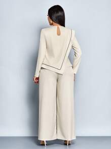 SOLERSUN 女士通勤垂坠领撞色黑色条纹亚麻不对称下摆衬衫和阔腿裤两件套 - 杏色 - 查看 2