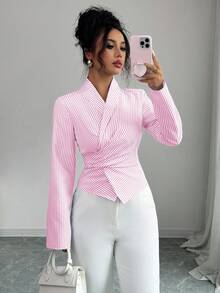 Selianne Blusa de moda con manga larga, cruce delantero y bajo asimétrico para mujer - Multicolor - Ver 6