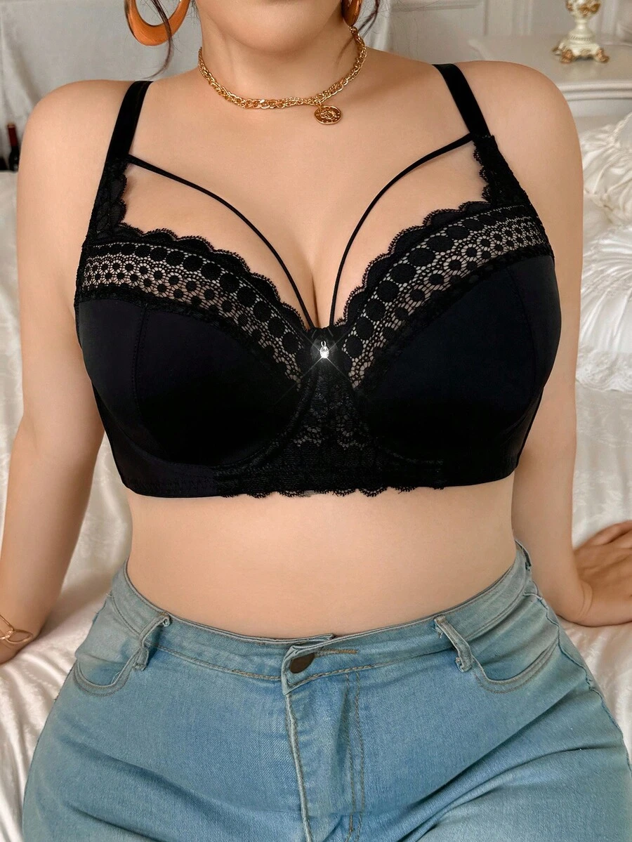 SHEIN 1 Áo ngực ren đen vá có gọng cỡ lớn thoải mái mỏng nhẹ - màu đen - Xem 1