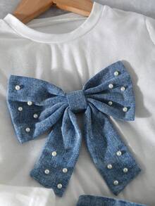 Girls' Casual Fashion Daily Street Crew Neck Long Sleeve Bow & Pearl Design T-Shirt With High Waist Short Denim Skort, Back To School Outfit, All Season Fall Winter