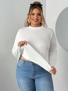 SHEIN CURVE+ 大码女款两件套高领紧身长袖打底T恤套装适合秋冬季节。黑白T恤两件套 - 黑與白 - 查看 6