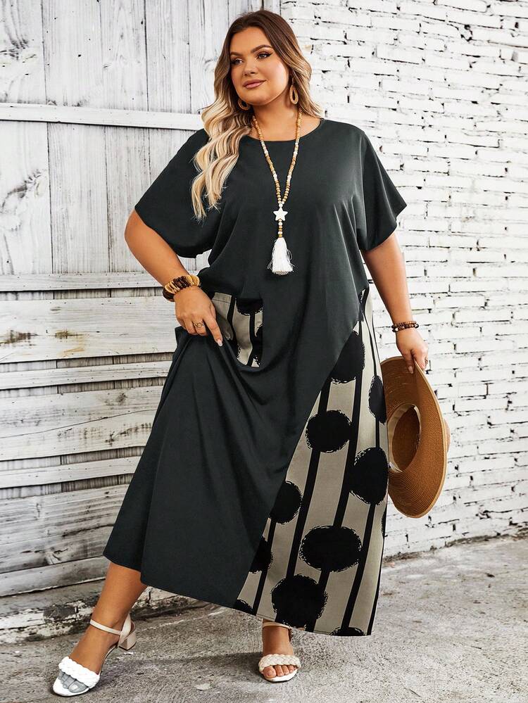 SHEIN CURVE+ 大码女式度假休闲拼色印花拼接连衣裙 - 深灰色 - 查看 6