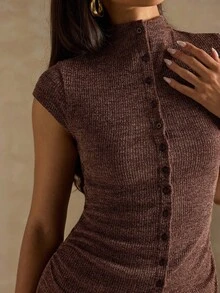 SHEIN BAE Váy ngắn tay lửng đơn hàng khuy trơn màu đơn sắc thường ngày dành cho nữ - màu nâu - Xem 7