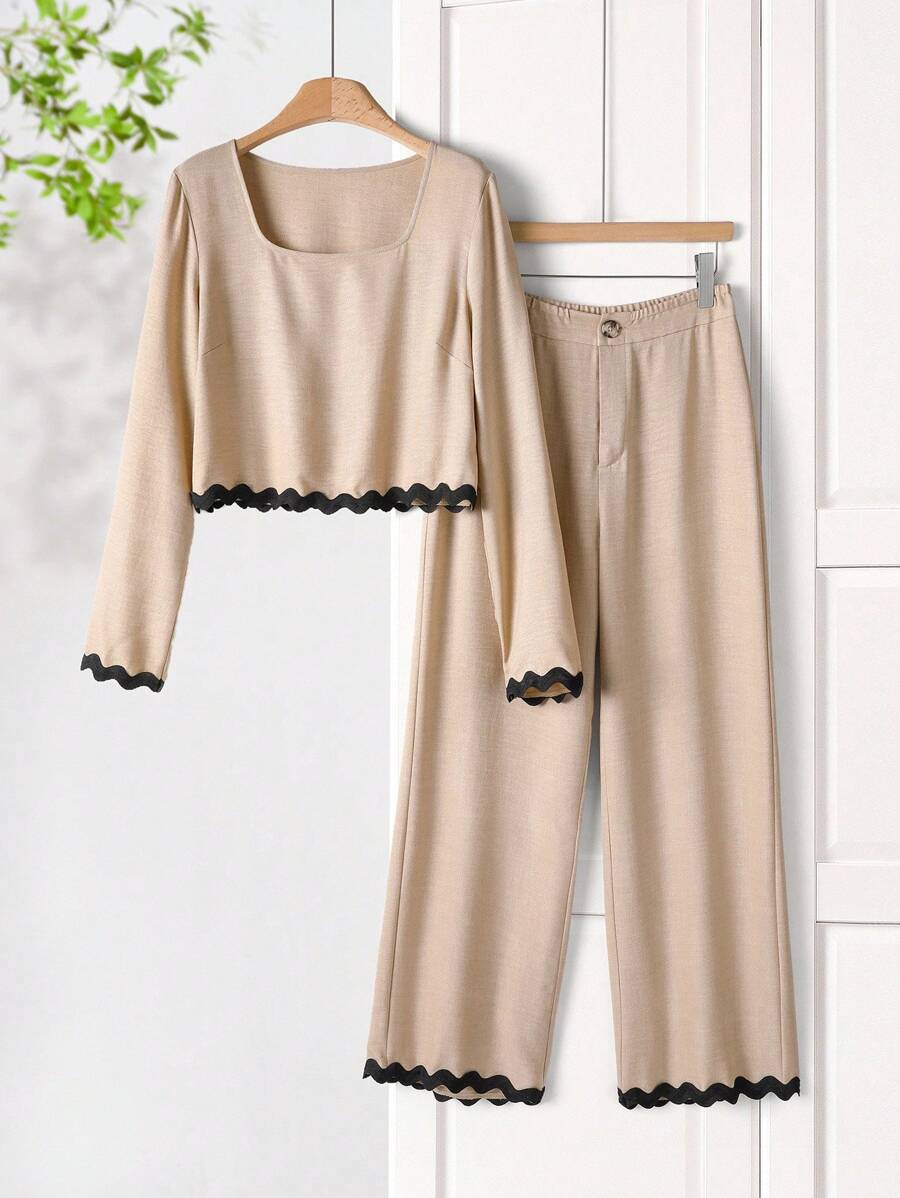 Rusticease Conjunto de top corto de manga larga con cuello cuadrado y bolsillos con cinta de contraste, y pantalones rectos casuales para mujer