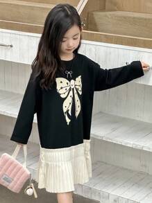 DAZY Young Girls Round Neck Bow Print Color Block Pleated Patchwork Korean Style Mid-Length Dress Fall/Winter - Black - View 4