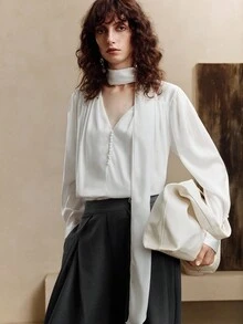 Arave Women's Chiffon Fabric H-Shaped Loose V-Neck Large Ribbon Shoulder Pleating Leg-Of-Mutton Sleeves Placket Mushroom Button Design Daily Commuting Long-Sleeved Shir Fall Clothes For Women Long Sleeve Shirt - Apricot - View 3