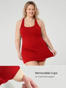 GLOWMODE FeatherFit™-Air Plus Size Peekaboo 吊带连衣裙，内置防滑短裤，低冲击瑜伽日常夏季连衣裙，黑色连衣裙，速干吸湿排汗 - Fiery Red - 查看 4