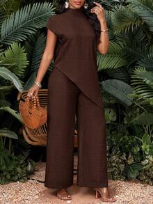 SHEIN Lady 女式纯色简约短袖上衣和裤子两件套 - 棕色 - 查看 9