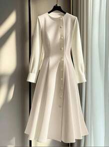 Franclia 女士纯色纽扣长袖连衣裙，通勤装，法式优雅，日常穿着，全白服装，适合大学秋季穿着。 - 白色 - 查看 1