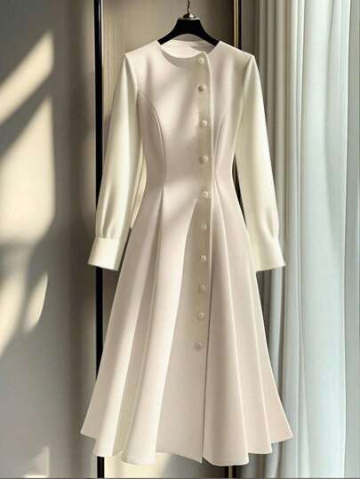 Franclia 女士纯色纽扣长袖连衣裙，通勤装，法式优雅，日常穿着，全白服装，适合大学秋季穿着。