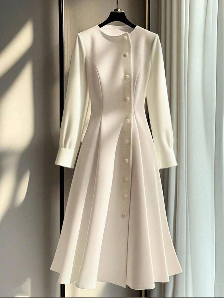 Franclia 女士纯色纽扣长袖连衣裙，通勤装，法式优雅，日常穿着，全白服装，适合大学秋季穿着。 - 白色 - 查看 1