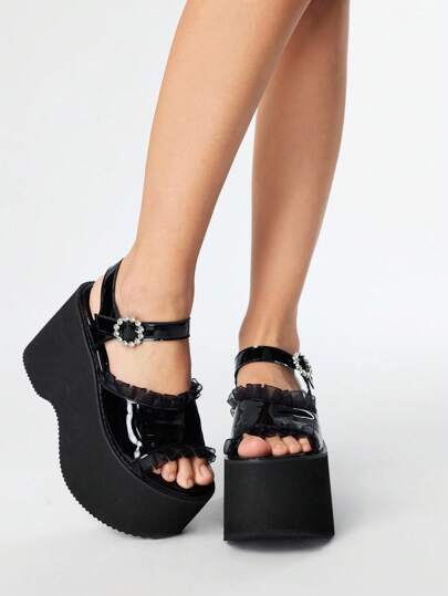 Women's Gothic Style Lace Trim Round Rhinestone Ankle Strap Platform Heeled Sandals, Comfortable & Fashionable