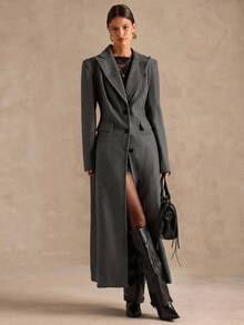 SHEIN BAE 秋冬高级纯色收腰长款大衣 - 深灰色 - 查看 5