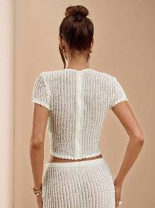 SHEIN BAE 女式纯白色褶皱透明纹理短袖上衣、女式 T 恤、纹理衬衫，适合外出、春夏季 - 杏色 - 查看 2