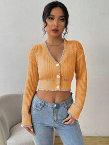 Chiquease Cardigan Pendek Elegan dengan Trim Warna Kontras untuk Wanita, Cocok untuk Musim Gugur dan Musim Dingin. - Kuning - View 5