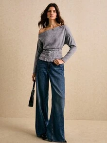 Poéselle 女士T恤，褶裥腰T恤，不对称领T恤，灰色T恤，舒适基础款打底衫，休闲女士纯色不对称领收腰T恤，春秋季女装，冬季女装 - 灰色 - 查看 2