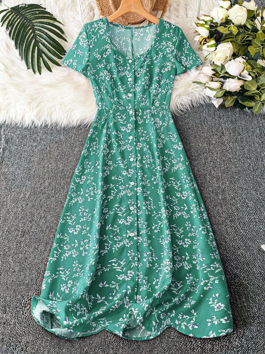 GlowEve 碎花中长款纽扣前开襟连衣裙 - 青碧色 - 查看 1