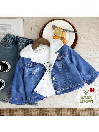 SHEIN 男婴休闲可爱日常舒适温暖牛仔效果牛仔外观长袖翻领夹克，适合外出、上学、聚会、秋冬