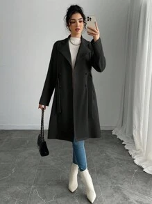 Rafferiza 女式纯色仿麂皮双排扣侧袋常规夹克 - 黑色 - 查看 3