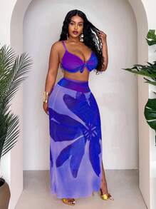 Slaydiva Plus Size Women 3pcs Set Ombre Gradient Print Fashion Minimalist Sexy Placement Print A-Line Skirt High Waist Panty Casual Stylish Vacation Split Bikini Set For Summer - Blue - View 5