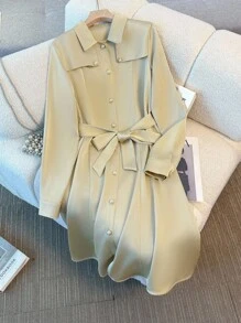 Franclia Women's Casual Solid Color Cardigan Waist Dress, Versatile For Commuting, Autumn/Winter Fall Cloth For Women - Apricot - View 5