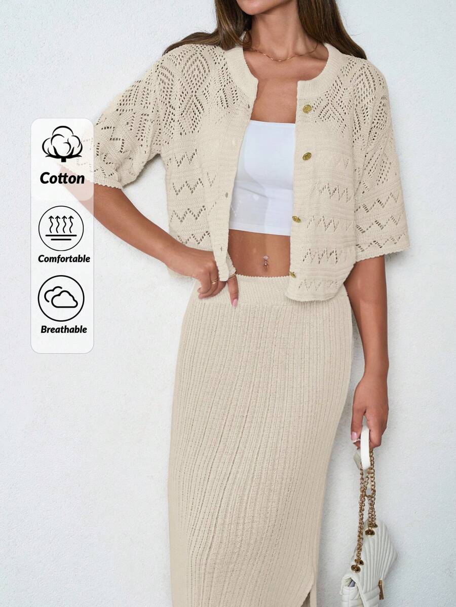 EURMUSE Cottnline Women's Thick Knit Cardigan And Skirt Set With Metallic Button, Winter Women Plus Clothing Business Casual Women S 2 Piece Outfits