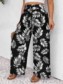 SHEIN Frenchy Plusstorlek Dam Musikfestival Semesterstil Tonad Semester Tropiskt Växtmönster Sommar Hög Midja Knyt Lösa Casualbyxor - Svart och Vitt - Visa 4
