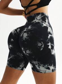 SHEIN Sports Colanți sport pentru femei, fără sudură, vopsiți în stil Tie-Dye, cu talie înaltă, slăbire + pantaloni scurți de yoga