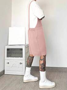 Manfinity Hypemode 男士字母印花贴袋阔腿休闲背带裤短裤夏季工装裤粉色工装裤，2000 年代风格