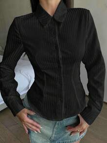 少女黑色修身弧形下摆图案衬衫、条纹衬衫、学院风衬衫、黑色衬衫、百搭百搭衬衫、少女衬衫 - 黑色 - 查看 7