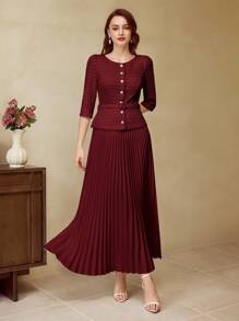 Vintamour Váy nữ cổ điển thanh lịch, váy xếp ly dệt kim jacquard ôm sát mùa xuân/hè, váy tay 3/4, váy dài màu trắng - Màu Đỏ Sâu - Xem 6