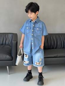 Denimly Boys' Versatile Casual Outdoor Street-Style Denim Set: Washed Denim Shirt With Collar, Elastic Waist Zipper Short Pants - Distressed Ripped Denim Look