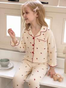 两件套可爱甜美樱桃印花长袖开衫和长裤，休闲舒适少女家居服樱桃睡衣套装，秋冬款 - 杏色 - 查看 4