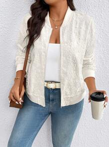 EMERY ROSE Jaqueta Bomber Feminina Plus Size Moda Oca Crochê Gola Redonda Solta Curta, Nova Jaqueta Estilosa Fina Versátil Simples